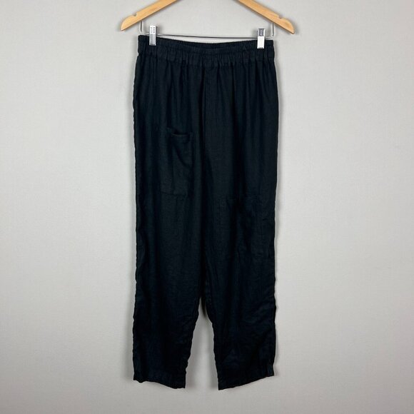 Linen Pants Womens Large Black Lagenlook Minimalist Straight Leg Cropped Stretch - Picture 15 of 15